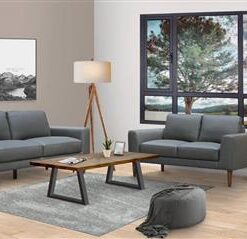Charcoal Grey or Pewter 2 and 3 seater lounge set with full leather upholstery, mid oak legs, and a sturdy plywood frame for modern elegance.