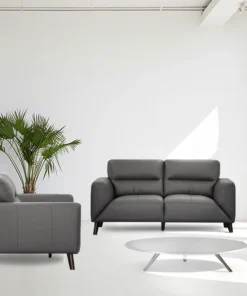 Luxurious 2-seater Sonoma lounge featuring 100% leather upholstery, quilted detailing, and durable timber frame in on-trend colors.