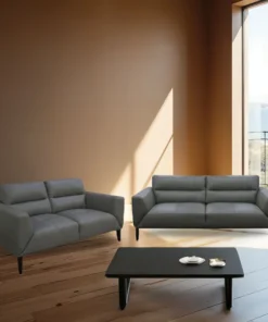 Luxurious 3+2 Sonoma lounge featuring 100% leather upholstery, quilted detailing, and durable timber frame in on-trend colors.