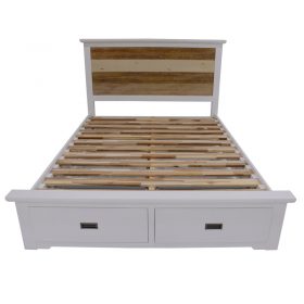 Durban bedroom suite in multi-color acacia wood with storage bed, dresser, tallboy, mirror, and two bedside tables.