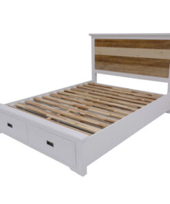 Solid acacia wood Durban suite with multi-color finish, storage bed, dresser, tallboy, mirror, and bedside tables.