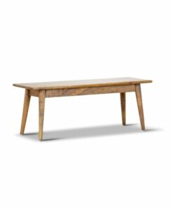 Revero Bench with solid mango wood and integral handle, set in a mid-century living room.