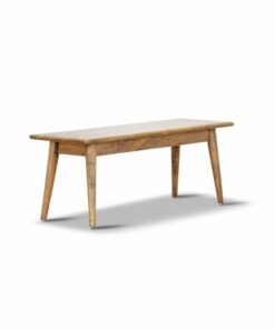 Mango wood bench with slim design and natural grain, displayed in a compact lounge area.