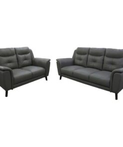 Luxurious 3+2 lounge with channelled high-back cushions, leather upholstery, and sturdy timber legs in dark walnut finish for a timeless look.