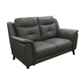 Silver or Gunmetal 2 seater lounge with side pillow arms, channelled high-back cushions, and 100% leather upholstery for modern luxury.