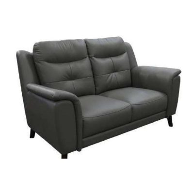 Silver or Gunmetal 2 seater lounge with side pillow arms, channelled high-back cushions, and 100% leather upholstery for modern luxury.