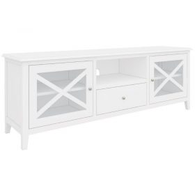 White acacia TV unit with tempered glass doors and silver handles, set in a coastal living room.