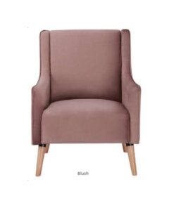 Rose Arm Chair with polyester fabric and timber legs, set in a stylish living room.