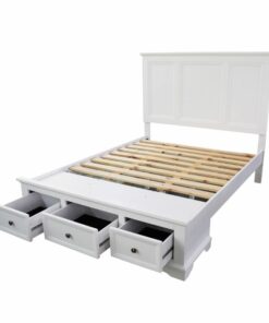 Saga Bedroom Suite featuring acacia frame with clean white finish, bed with storage drawers, and antique metal handles.