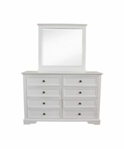 White-finish Saga Suite with bed featuring storage drawers, antique handles, and full-extension drawers for easy access.