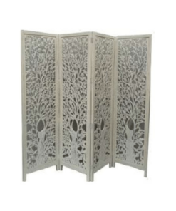Screen Life Dig 4-panel mango wood screen with exotic pattern, set in a stylish living room.