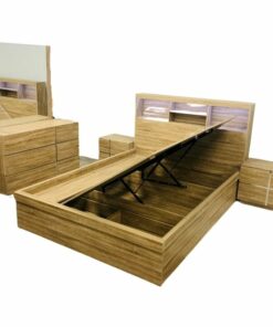 Mocha Gas Lift Bed with oak finish, gas lift for storage, sturdy design, and easy assembly.