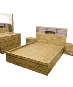 Mocha Gas Lift Bed with oak finish, convenient under-bed storage, and sturdy frame for lasting durability.