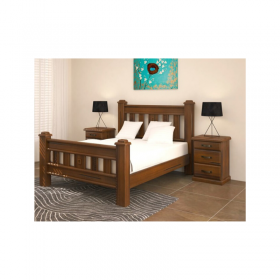 This Jordan suite features a queen bed, tallboy, and two bedsides, all crafted from solid pine with a rough sawn blackwood finish, adding rustic charm to your bedroom.