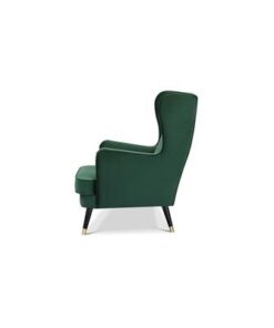 Polyester-upholstered armchair with plywood frame and timber legs, set in a contemporary room.