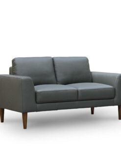 Charcoal Grey or Pewter 2-seater lounge with full leather upholstery, mid oak timber legs, and a sturdy plywood frame for modern elegance.