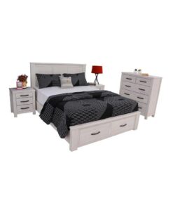 Flora Bed, Tallboy & Bedsides Kit with mountain ash frame, storage bed drawers, brushed white wash finish, and metal handles.