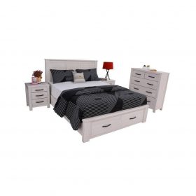 Flora Bed, Tallboy & Bedsides Kit with mountain ash frame, storage bed drawers, brushed white wash finish, and metal handles.