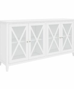 Hampton Buffet with glass doors and white acacia timber, set in a coastal-inspired dining room.
