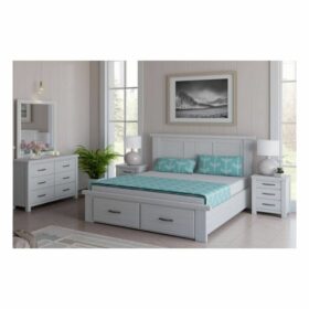 Fauna Bedroom Kit in solid acacia wood with smoky finish, including queen/king bed, dresser, mirror, and bedside tables.