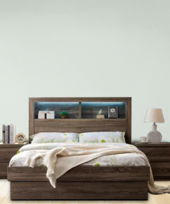 Fiji Mocha Bed Suite featuring roll-out drawers, foot-end storage, bookcase headboard with night light, and tallboy with hidden compartment.