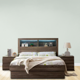 Fiji Mocha Bed Suite featuring roll-out drawers, foot-end storage, bookcase headboard with night light, and tallboy with hidden compartment.
