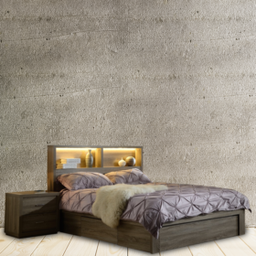 Mocha oak bed suite with gas lift bed, end drawer, bedside tables, and tallboy in modern, functional design.