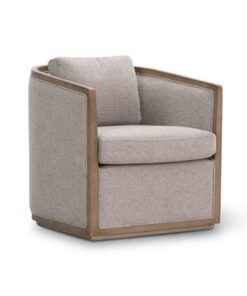 Elegant swivel chair with plywood frame, deep foam seat, polyester fabric, cushions, and show-wood ottoman.