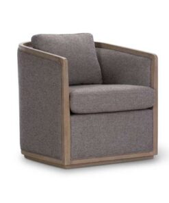 Chic swivel chair with pine frame, deep foam seat, polyester upholstery, show-wood, and ottoman.