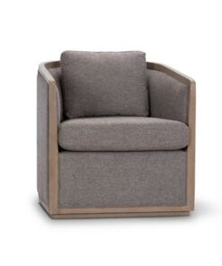 Swivel chair with sturdy plywood frame, plush foam seating, polyester fabric, scatter cushions, and ottoman.