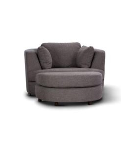 Comfortable fabric swivel chair with ottoman, featuring deep seating, scatter cushions, and a sturdy plywood frame for lasting support.