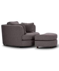 Modern swivel chair with ottoman, upholstered in high-performance polyester fabric and designed for 360-degree swivel functionality.