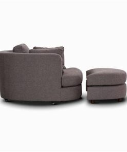 Elegant fabric swivel chair with ottoman, featuring scatter cushions, deep seating, and a durable pine and plywood frame.