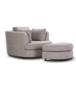Functional fabric swivel chair with ottoman, designed for 360-degree swivel, deep seating, and high-performance polyester fabric.