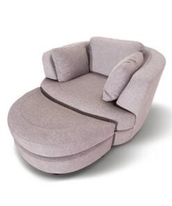 Stylish swivel chaise lounge chair with ottoman, featuring deep seating, scatter cushions, and a 360-degree swivel for modern living.