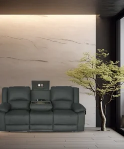 Luxurious 3-seater electric recliner lounge featuring Rhino fabric, pocket springs, and a drop-down tray with cup holders and USB ports.