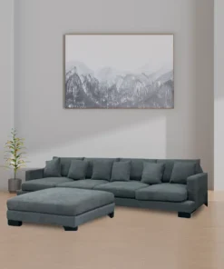 Comfortable deep seat lounge with feather-filled cushions, 6 scatter cushions, and a matching ottoman, perfect for relaxing in style.