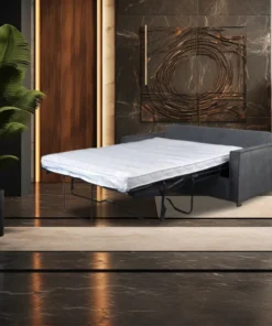 Modern sofa bed with mattress, including a Luxe queen memory foam top, bi-fold mechanism, and stylish Slate or Storm color options.
