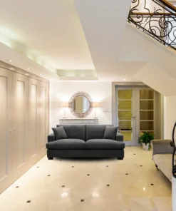 Dark Grey Hasting Fab 2.5 Seater with low-profile design and polyester fabric, set in a stylish space.