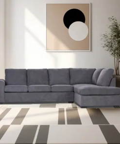 Stylish 4 seater fabric lounge in dark grey, combining corner chaise design with polyester-nylon upholstery for modern living.