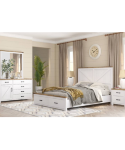 Hamptons-style 5PC bedroom set in white and natural pine, with dresser, mirror, bedside tables, and sturdy bed.