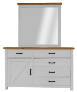 Elegant coastal bedroom suite with solid pine bed, full storage, dresser with mirror, and matching bedside tables.