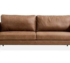 Modern fabric sofa with slimline design, detached cushions, and a black powder-coated steel frame for a sleek, durable look.