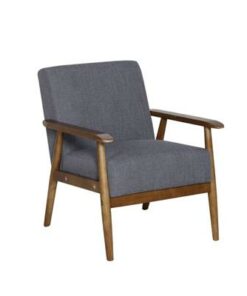 Modern armchair featuring wood frame, soft polyester fabric, pocket springs, and stable rubberwood legs.