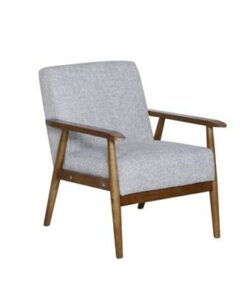 Comfortable armchair with plywood frame, polyester upholstery, webbing, foam, springs, and sturdy rubberwood legs.