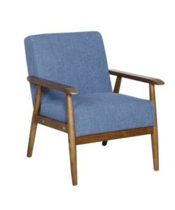 Trendy armchair featuring timber frame, soft polyester upholstery, foam, pocket springs, and rubberwood legs.
