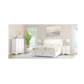 Vana Bed Tallboy & Bedside Kit featuring a white finish, footboard storage, and black metal handles for a coastal look.