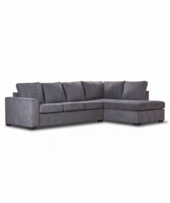 Sleek fabric lounge with corner chaise, upholstered in dark grey polyester-nylon blend, ideal for stylish and functional living spaces.