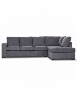 Modern 4 seater fabric lounge in dark grey, featuring a corner chaise design and high-density foam for long-lasting comfort.
