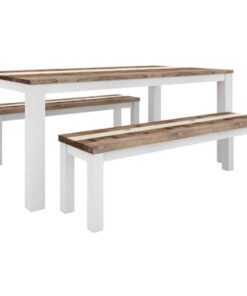 Durban 3PC Bench Set with acacia timber and vibrant finish, set in a modern dining room.